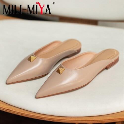 MILI-MIYA Brand Designer Women Slippers Slip On Mules Flat Heel Casual Shoes Rivets Decorative Slides Low Block Heels Summer
