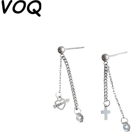 VOQ 925 Sterling Silver Ladies Cross Asymmetrical Earrings Gift Earrings Fashion Cross Love Chain Jewelry