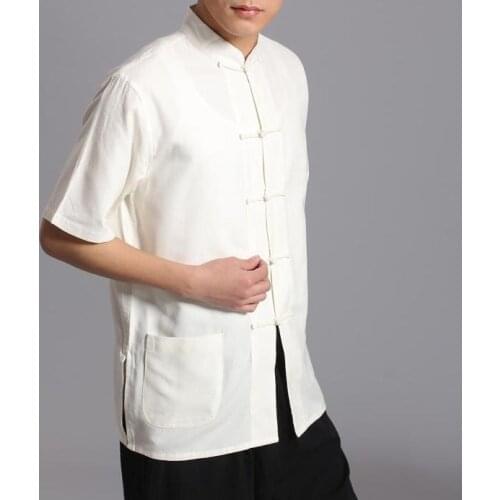 Male summer short-sleeve white pure cotton kung fu shirts martial arts tang suits tai chi kungfu clothes