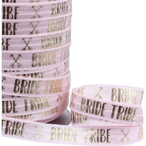 Wholesale 100 yards foe stretch webbing, new bride tribe letters gold foil printed foe fold over elastic ribbon for garment