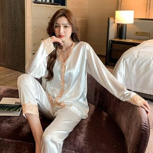 Autumn Pajamas Set Women Ice Silk Sexy Lace Sleepwear Silk Pyjamas Suit Long Sleeve Trousers Ladies Fashion Nightgown Home Wear