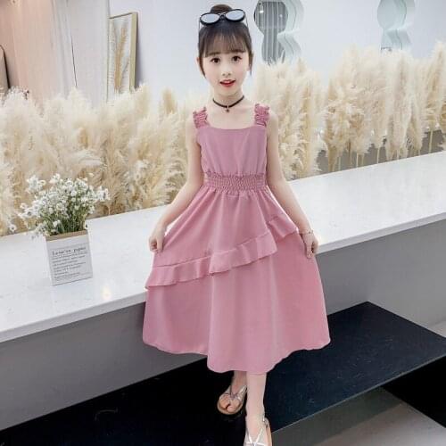 Big girls summer new dress children dress chiffon little girl sleeveless long dress yellow pink for 10 11 12 13 14 15 Years Old