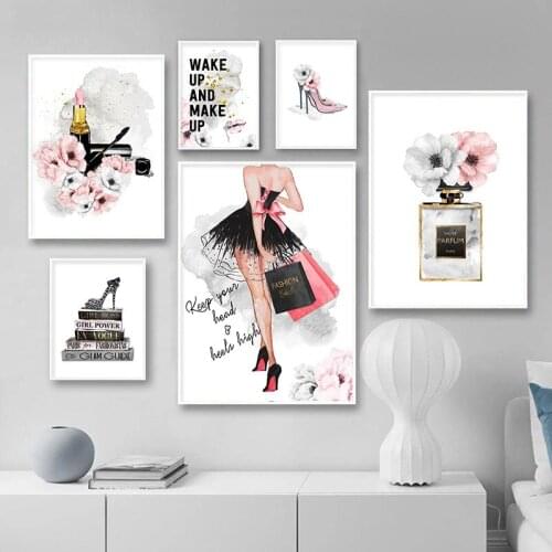 Lipstick Perfume High Heels Fashionable Flowers Decorative Canvas Paintings Wall Art Posters For Living Room Home Decoration