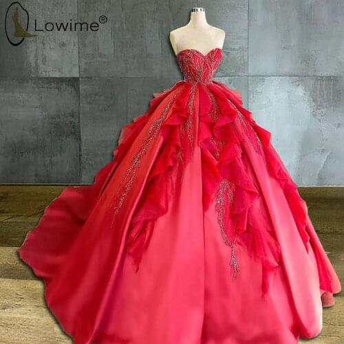 Puffy Red Ball Gown Evening Dresses 2020 Sweetheart Neck Beads Crystals Ruffles Prom Pageant Dresses