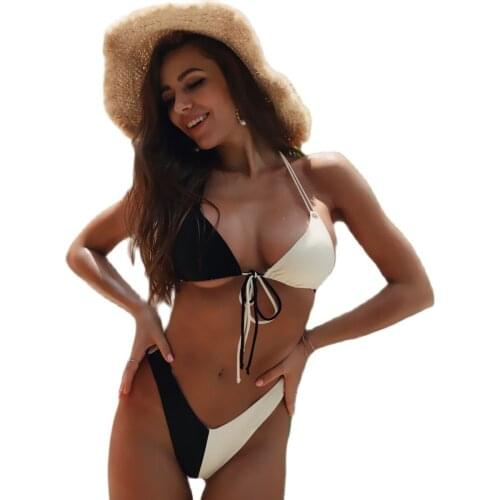 Separate Swimsuit Bikini 2021 Woman New Ladies Split Swimsuit Black and White Pattern Stitching Halterneck Bikini