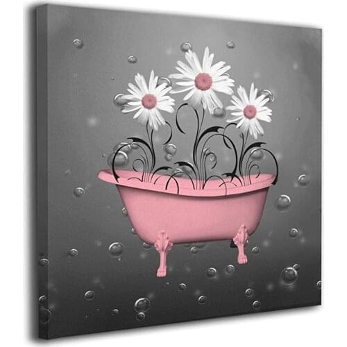 WEIWEI-art Aqua Daisy Flowers Bubbles Contemporary Pictures Canvas Painting Modern Artwork For Home Bathroom Decoration