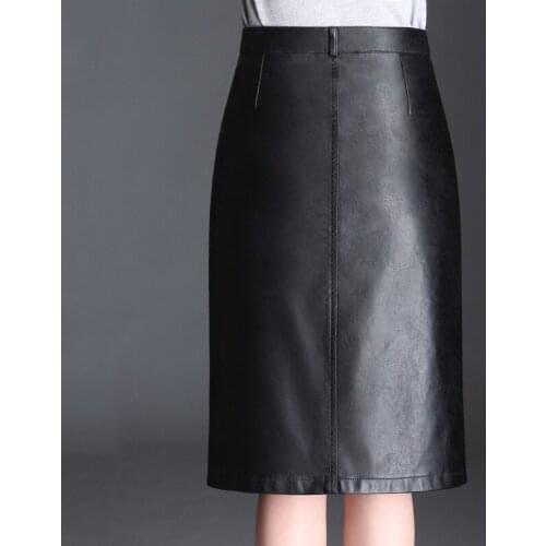 Autumn PU Leather Knee-length Skirts Women Solid Black High Waist Single Breasted Skirts Female Office Lady Skirt Plus Size 4XL