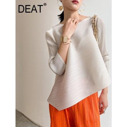 DEAT Pleated T-shirt Women irregular hem round collar full sleeve pullover top casual style loose 2021 new summer fashion XQ373