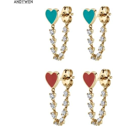 ANDYWEN 925 Sterling Silver Enamel Red Chains Stud Earring Luxury Heart Women Cute Earring Rock Punk Youth Jewelry Best Gift