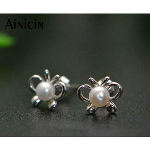 S925 Sterling Silver Bowknot Butterfly Stud Earrings 5mm Natural Freshwater Pearl Lovelry Cute Gift For Women Korean Jewelry