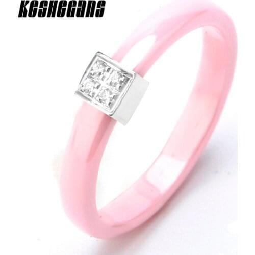 3mm Pink Ceramic Ring With Four Bling Crystal For Women Girl Lady Stainless Steel CZ Stone Finger Ring Trendy Fashion Jewelry