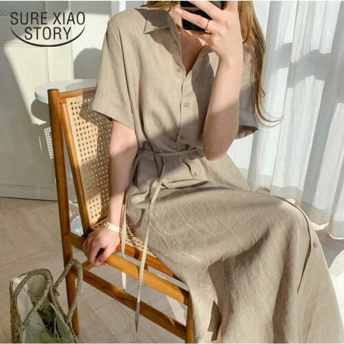 2021 Korean Summer Women Shirt Dress Vintage Plus Size Loose Cardigan Short Sleeve Solid Linen Shirt Long Dresses Vestidos 9662