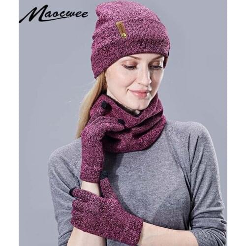 Winter Beanie Hat Scarf Set For Women Men Knitted Outdoor Warm Scarf Hat Touch Screen Gloves Sets Skullies Beanies Hat Scarf Set