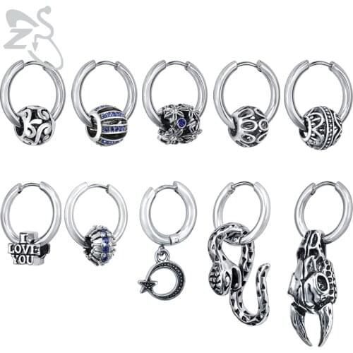 ZS Punk Style 316L Stainless Steel Hoop Earrings Snake Moon Hip Hop Round Earring for Men Rock Roll Jewelry Male Biker Earring