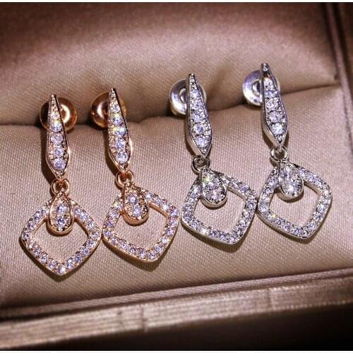 2020 New Square Rose Gold Silver Color Long Stud Earrings for Women Fashion Jewelry with Bling Zircon Stone S925