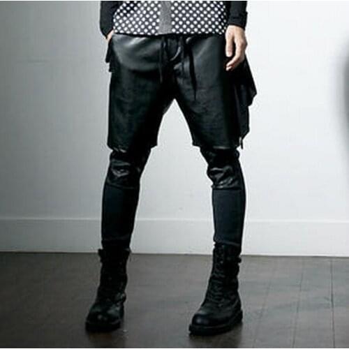 27-44 New 2017 New men clothing slim PU splicing knitting fake two piece leather pants trousers plus size singer costumes