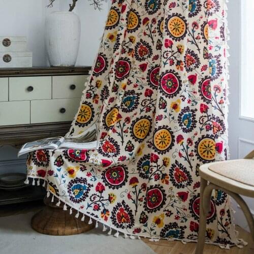Bohemian Cotton Printed Curtains Living Room Bedroom Semi-Shading Curtains Rustic Style With Fringed Kitchen Bay Window Curtains