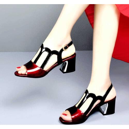 Block Heels Patent Leather Sandal Women 5cm Kitten Heels Shoes Woman Sandals Fashion Elegant Wine Red Wedding Heeled Mules