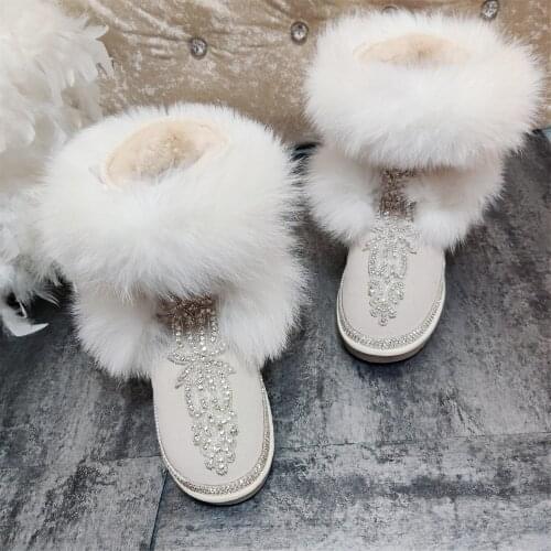 Autumn and winter handmade womens shoelaces drill thick fox fur flat-bottomed fairy snow boots childrens mid-tube cotton shoes