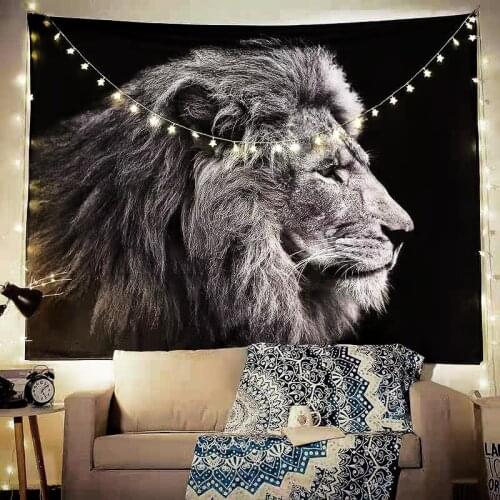 Black White Cartoon Lion Tapestry Wall Hanging Polyester Animal Print Living Room Bedroom Background Blanket Wholesale Coupons