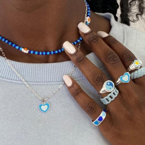 Bohemia Handmade Blue Seed Beads Choker Daisy Flowers Stand Necklace Women Multi-layer Glazed Heart Bead Chain Necklaces Jewelry