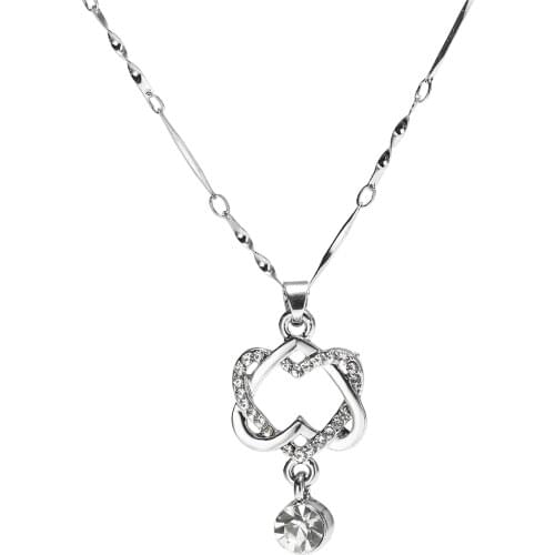 Rhinestone Heart Necklace Trendy Statement Crystal Double Heart Pendant Necklace Copper Necklace Wedding Christmas Gift