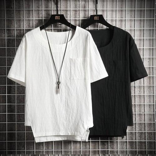 Summer Men Loose Style Cotton Linen T-shirt Tops Plus size streetwear hip hop Vintage t-shirts,Big size shirts M-8XL black blue