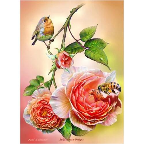 Embroidery Counted Cross Stitch Kits Needlework - Crafts 14 ct DMC Color DIY art Color Handmade Decor - Bird, Bee and Roses
