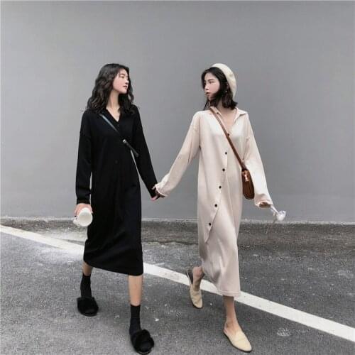 New 2020 Women Dresses Autumn Winter Single Breated Straight Turn-down Collar Asymmetric Loose Clothes GD128