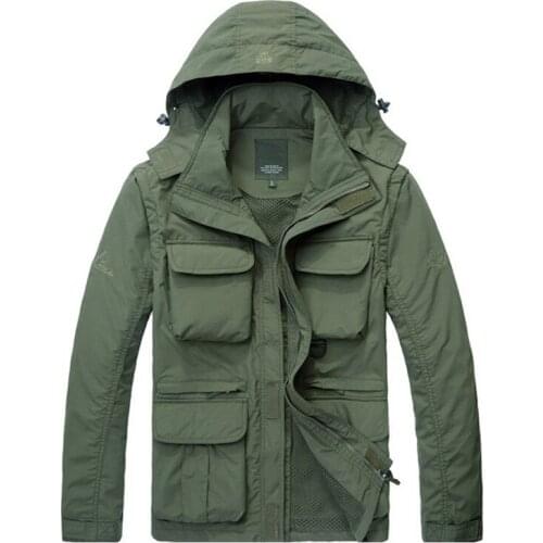 Autumn Jacket Men Military Casual Hooded Collar Mesh Liner Hat &Sleeve Removable Summer Jacket Men Many Pockets M-4XL Coat Men
