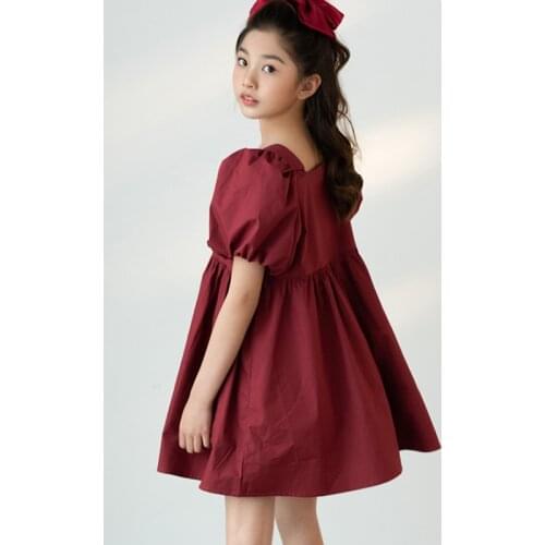 Teen Girls Elegant Dress Wine Red Birthday Ceremony Dress 2021 Summer Puff Sleeve Square Collar Party Clothes 10 12 years