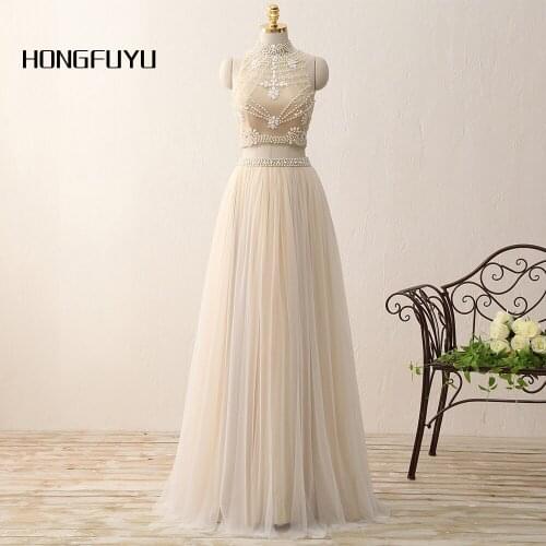 Real Photo Elegant High Neck Tulle Sleeveless A Line Long Prom Dresses 2021 Two Piece Beading Floor Length Party Dress