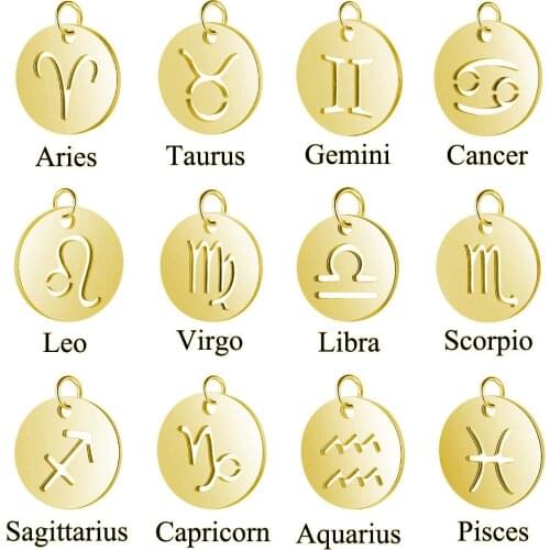 5pcs12mm Round Stainless Steel Twelve Zodiac Constellations Charms Pendant DIY Necklace Jewelry Making Findings With Rings
