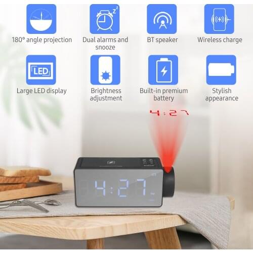 Projection Alarm Clock with BT Speaker 180°Projector Wireless Charging Dual Alarms Snooze Large Mirror LED Display Dimmer