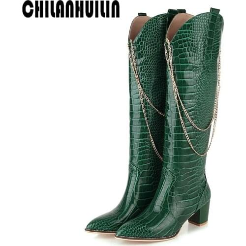 Western boots chains pu leather knee high boots for women pointed toe winter long boots women chunky heels cowboy knight boots
