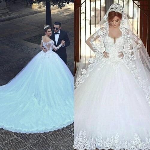 2021 Vestido De Noiva Long Sleeve Lace V Neck Wedding Dress Modern Arabic Elegant Bridal Gown With Real Pictures