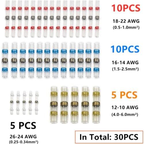 30PCS Assorted Heat Shrink Connect Terminals Waterproof Solder Sleeve Tube Electrical Wire Insulated Butt Connectors 22-10AWG
