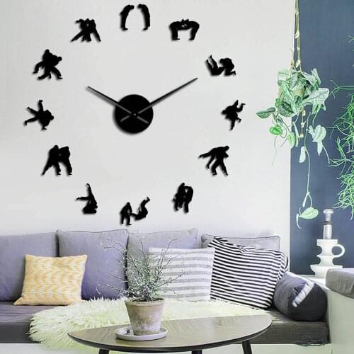 Japanese Martial DIY Large Wall ClockTraining Wall Art Decor Judo Player Silhouette Wrestler Frameless Mirror Effect Wall Watch