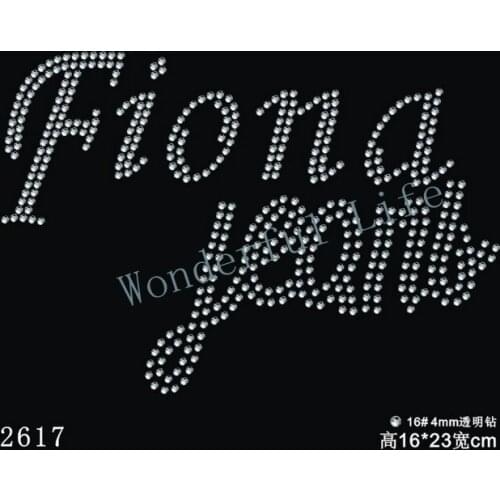 YX Free shipping fiona jeans words hot fix rhinestone transfer motifs for t-shirt