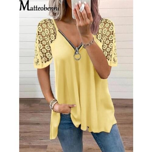 2021 New Fashion Summer Ladies Zipper Casual Loose Top V Neck Lace Stitching Printed Short Sleeve Vintage T-Shirt Women Clothing
