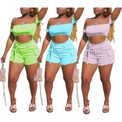 2020 Womens Summer Clothes Suits Sexy Off Shoulder Stretch Tube Tank Top + Bodycon Shorts with Waist Belt 2 Piece Casual Outfit
