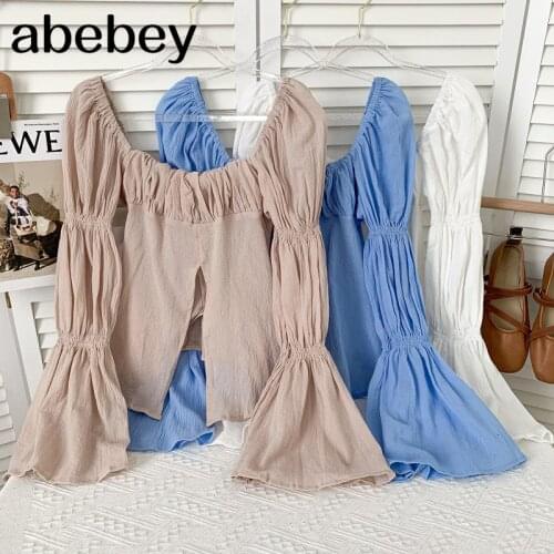 Korean versatile square collar puff sleeve Shirt high waist pleated solid short split Shirt Top 2021 New Summer Women