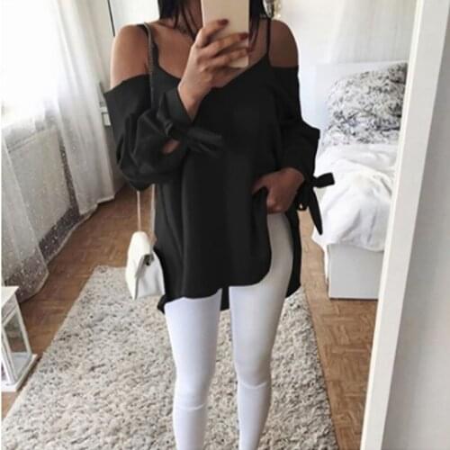 Women Blouses Spring Autumn Sexy Cuff Knot Sling V-neck Women Loose Long Sleeve Shirt Top Blouse Clothes