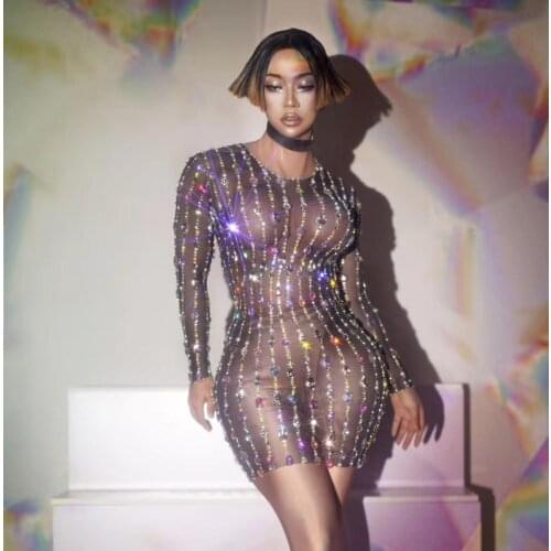 Women Birthday Prom Stretch Crystals Dress Evening Singer DS Dresses Sexy Transparent Shiny Rhinestones Striped Mesh Short Dress