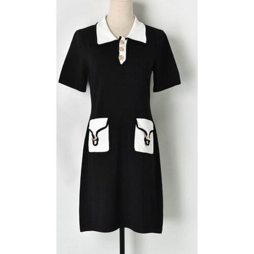 Fashion Knitted Polo Dress Women 2019 Summer Short Sleeve Turn-Down Collar A-line Casual Dress Patchwork Pockets Black Dress