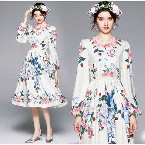 Menahem 2021 Autumn Fashion Runway Flower Dress Womens Long Puff Sleeve O Neck Floral Print High Waist Elegant Party Midi Dress