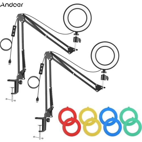 Andoer 6" LED Ring Light Kit 5600K USB Ring Light with Desk Mount Metal Light Stand Ballhead for Online Teaching Video Lighting