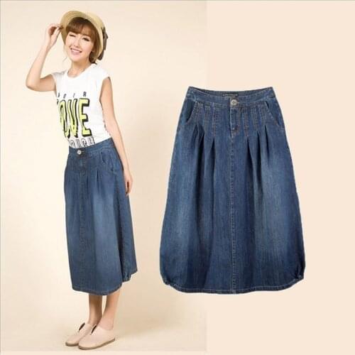 Free Shipping 2019 New Jeans XS-3XL Casual Loose A-line Skirts All-match Pleated Skirts For Women Mid-calf Denim Summer skirts