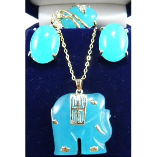 Free Shipping wholesale noble blue Natural jade stud earrings ring(#6.7.8) elephant pendant jewelry set