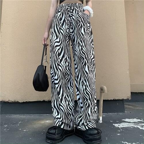 Women Vintage Zebra Pants High Waist Full Length Straight Leg Zebra Print Pants Long Trousers Outfits